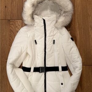 London Fog White Hooded Ski Jacket with Fur Trim